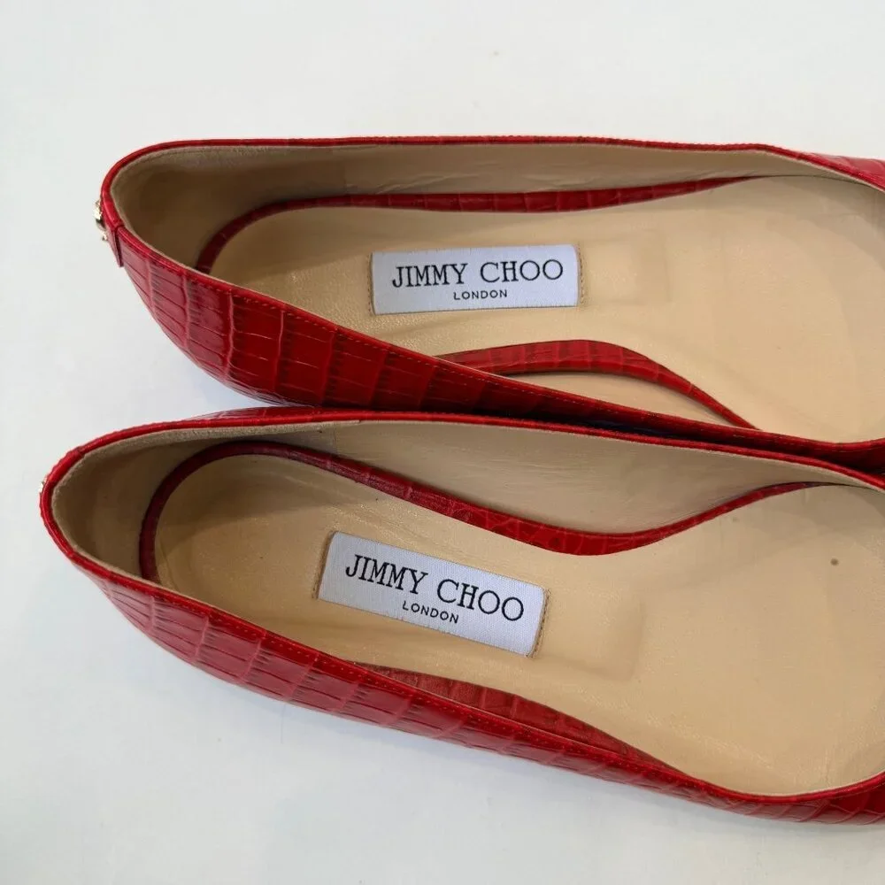 Jimmy Choo Mirele Red Croc-Embossed Leather Flats Women’s Size 38.5 - Picture 2 of 9